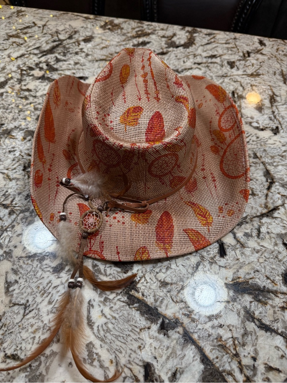 Shyanne Beige Straw Cowboy Hat with Orange & Yellow Feather Print